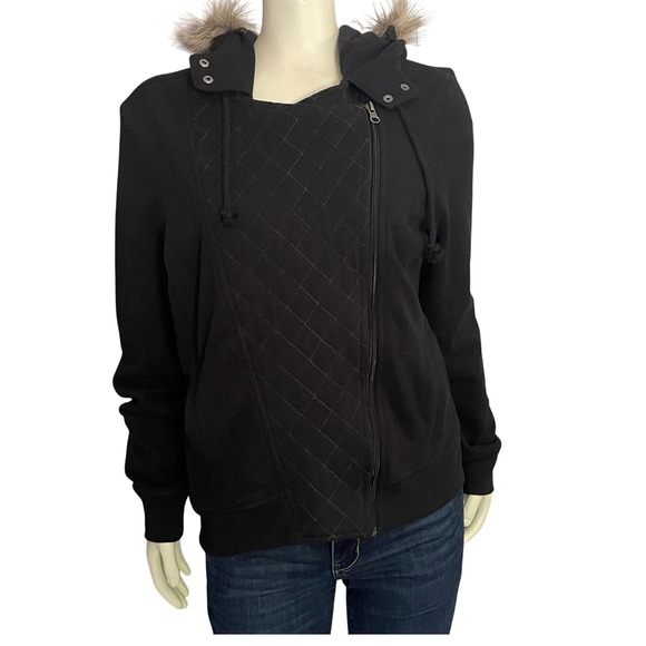 So Black Quilted Bomber Jacket Faux Fur Trim  Zip Up Womens Large - Picture 1 of 8